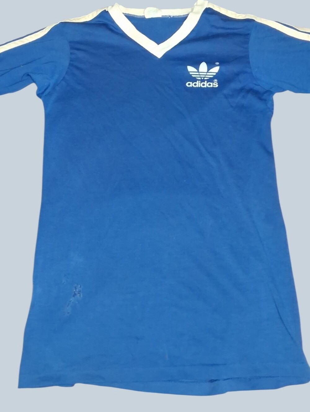 Vintage adidas Blue V-Neck Trefoil Tee with White Trim
